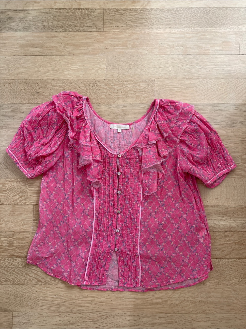 LoveShackFancy Hot Pink Floral Ruffle Blouse